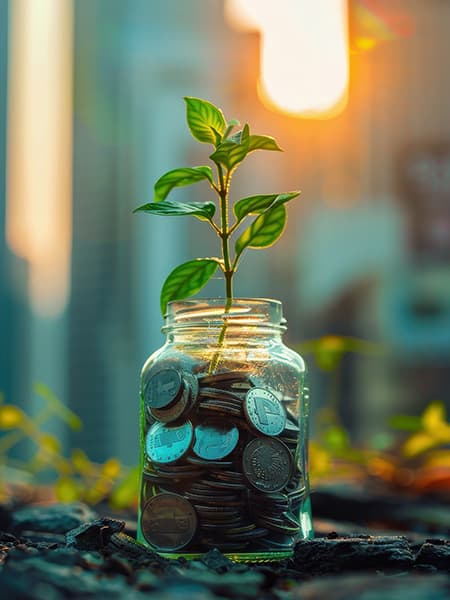Plant growing in coin jar
